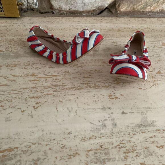 Miu miu stripe bow flats size 38 nautical summer beach - Picture 5 of 11